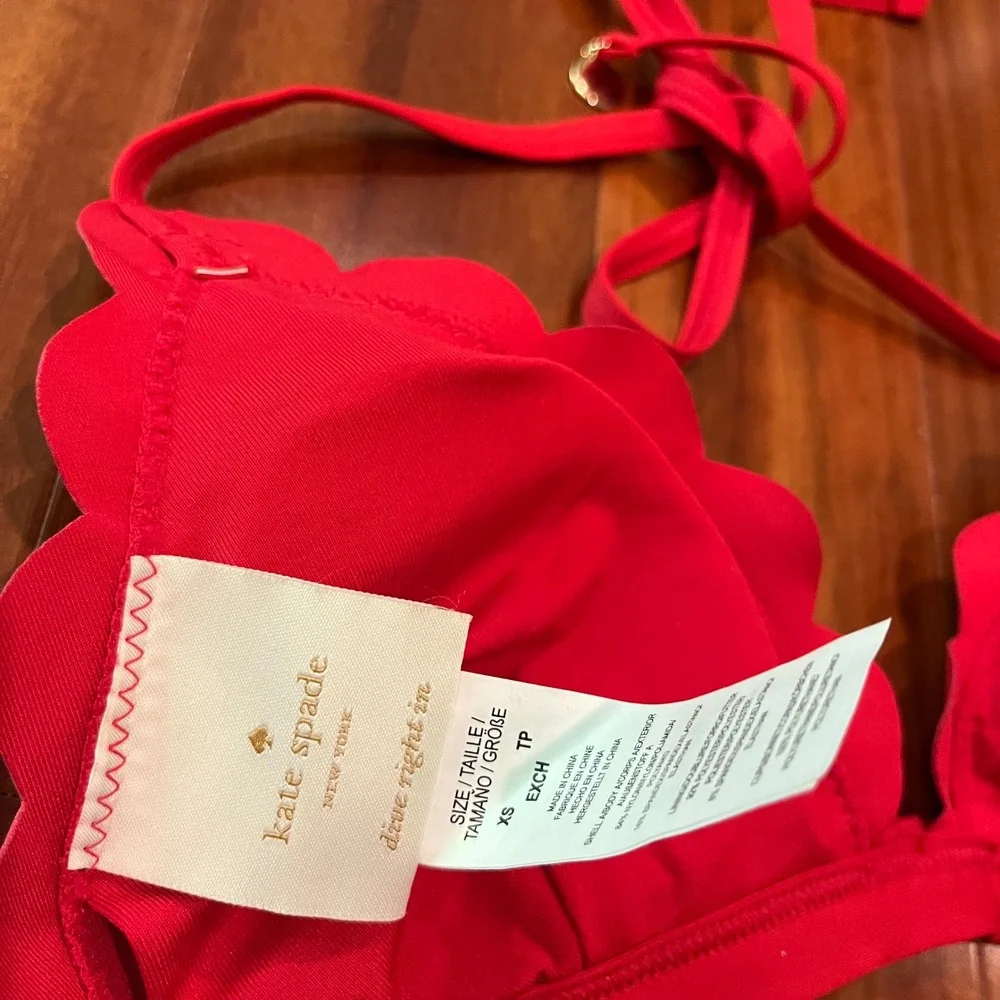 Kate Spade Red Bikini Top Rosa Scalloped Triangle Swim Halter Tie New Size XS